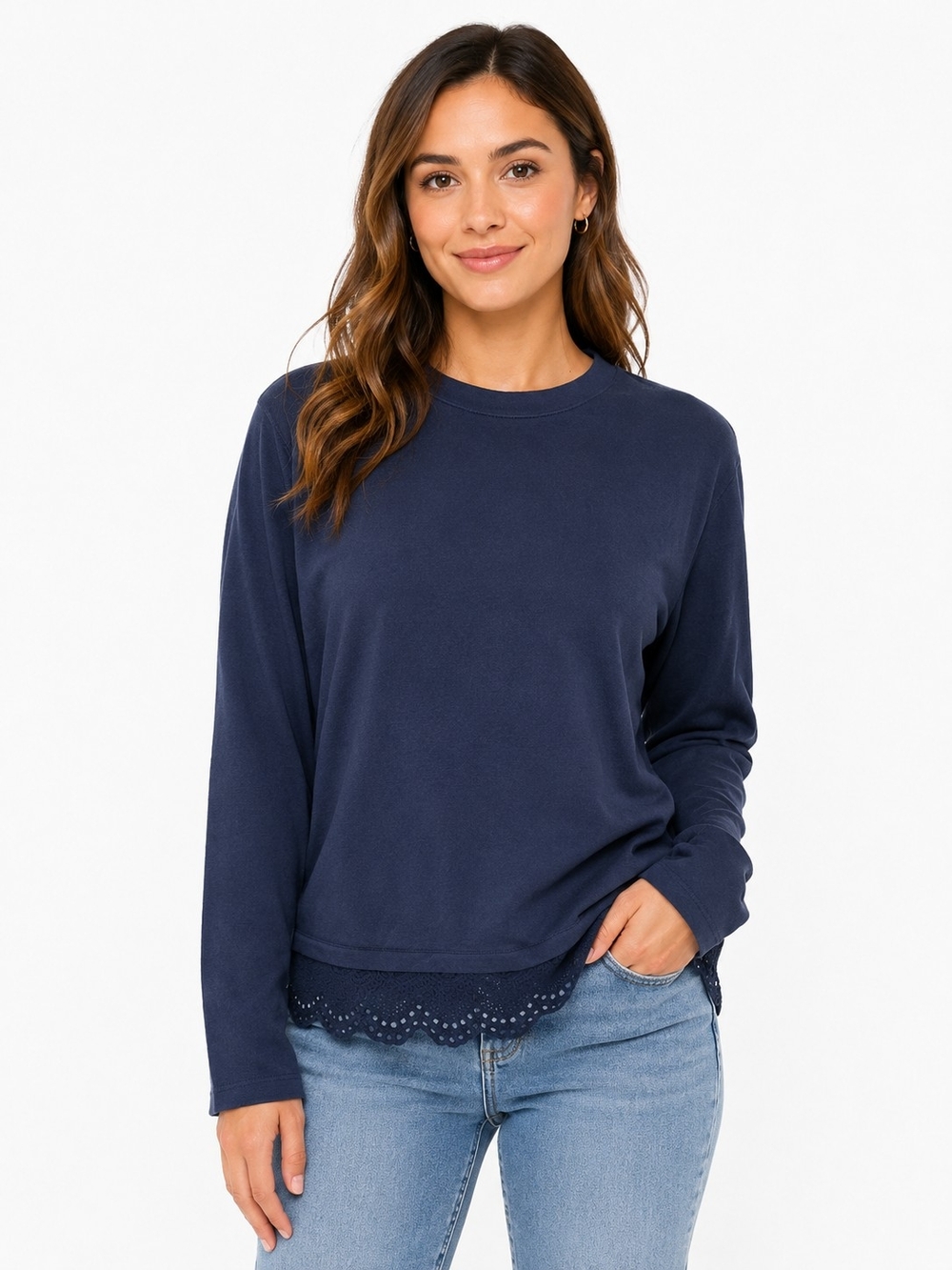 Banana Republic Navy Long-Sleeve Top with Lace-Hem